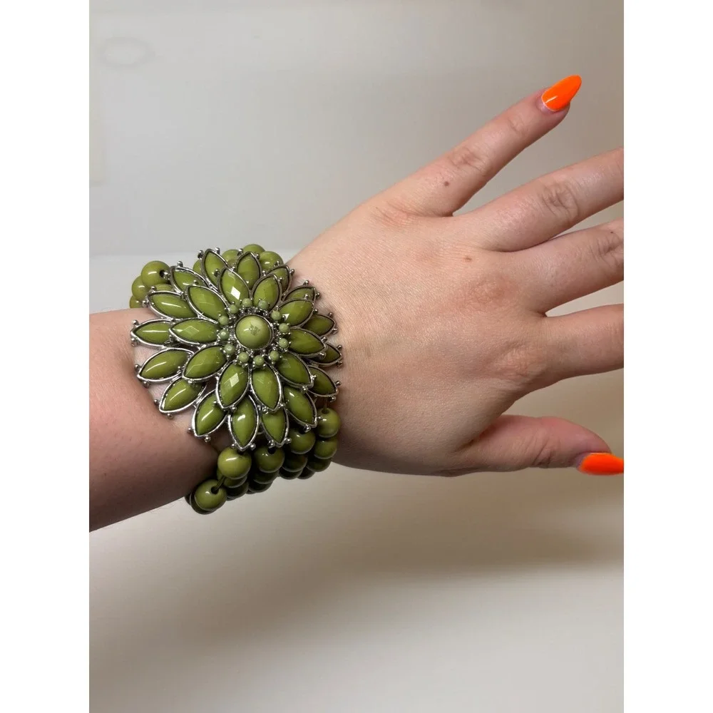 Olive Green Beaded Multi Strand Stretch Bracelet Large Floral Statement